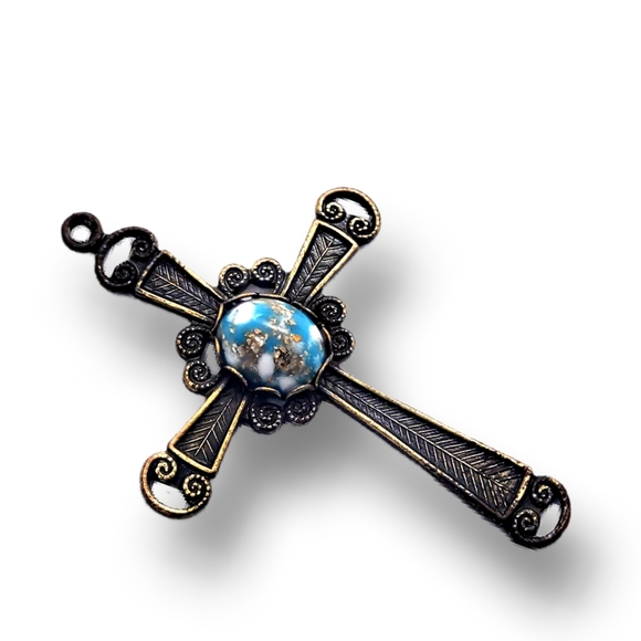 .Blue Natural Center Stone Cross Pendant with Stainless Steel Necklace - Picture 2 of 2